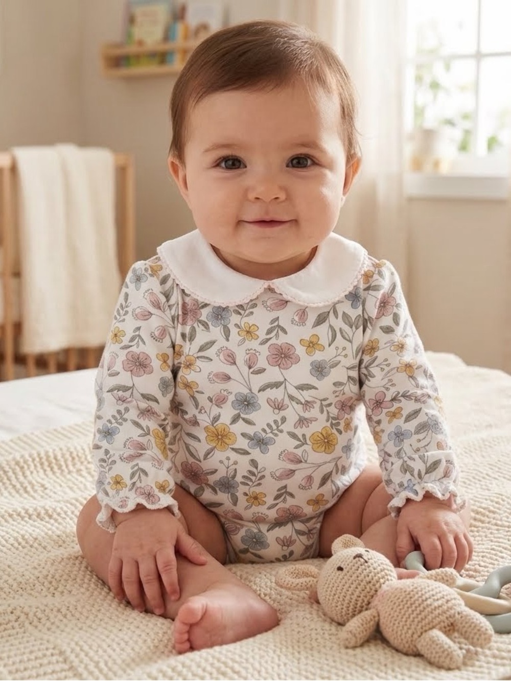 Rabbit + Bear Floral Print Baby Onesie 0-3 months